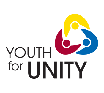 Logo for Youth for Unity featuring stylized figures in yellow, red, and blue forming a circle, with the organization's name below.