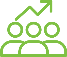 Green upward trending arrow above three people icons representing growth or success in a group.
