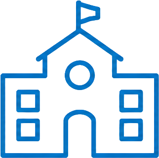 A simple blue outline of a school building with a flag on top, a central door, and four windows.