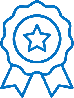 Blue award ribbon with a star in the center and two ribbons hanging below.