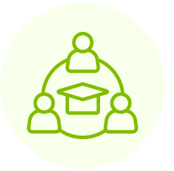 Outline of a person at a table with two other people on either side, all connected in a circular arrangement, with a raised platform or podium in the middle.