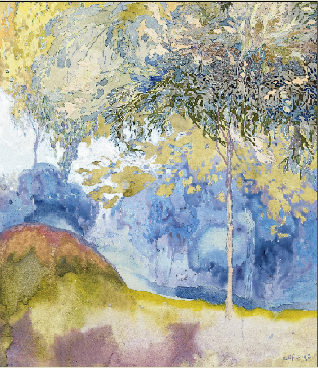 Notebook featuring Boomrijk Landschap by Georges Feure, an atmospheric Art Nouveau landscape with soft watercolor trees, glowing yellow foliage, and dreamy blue tones.