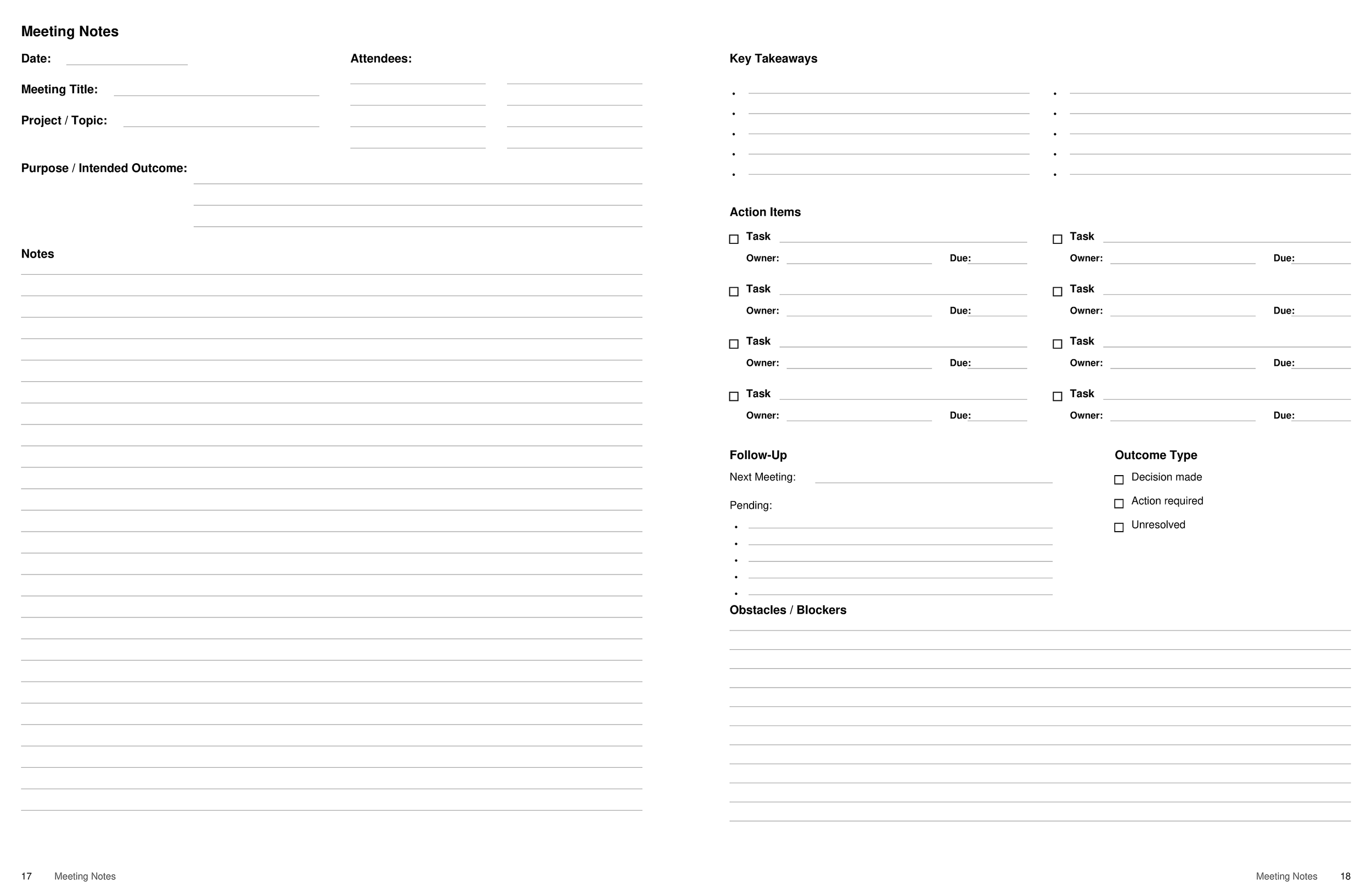 Meeting notes spread with sections for attendees, key takeaways, action items, follow-up tasks, blockers, and accountability tracking for organized project collaboration.