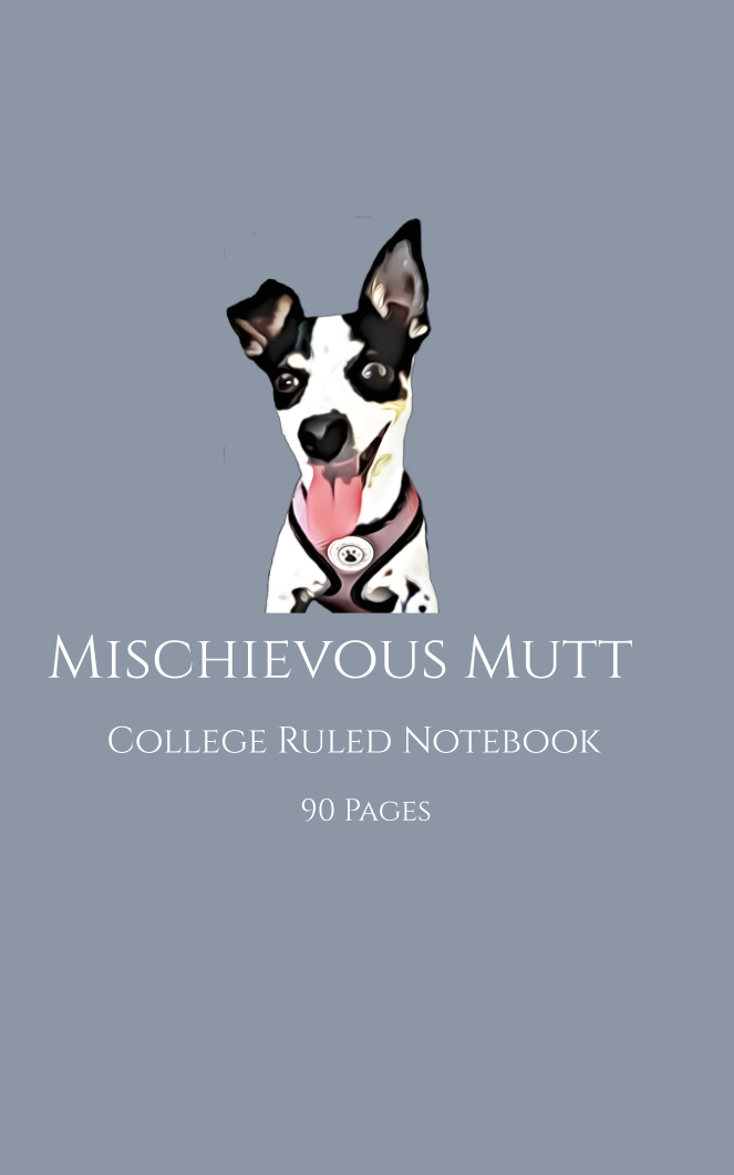 Compact 6 x 9 college ruled notebook with Mischievous Mutt dog mascot on a minimalist gray cover design.