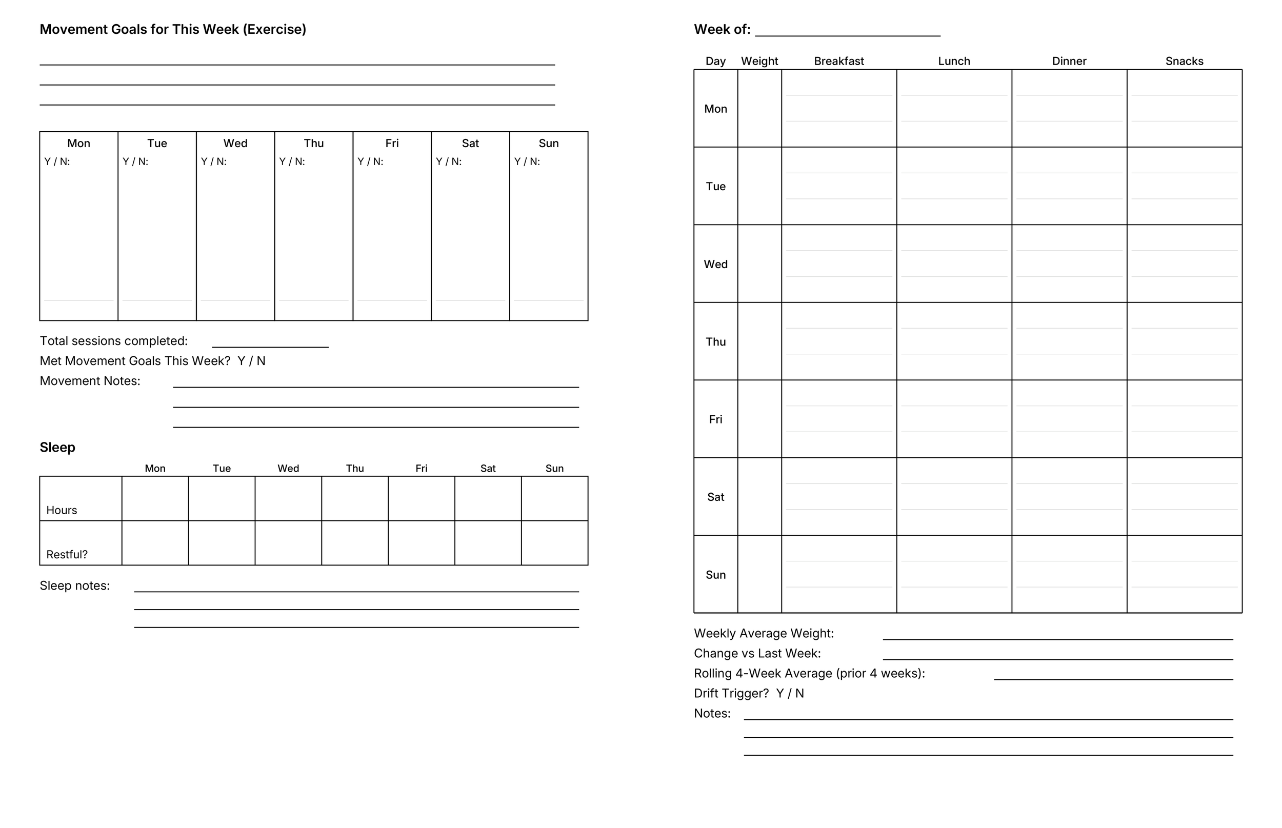 Weekly health tracking spread with exercise goals, sleep tracking, movement logs, and wellness monitoring pages designed for long-term habit consistency and personal accountability.
