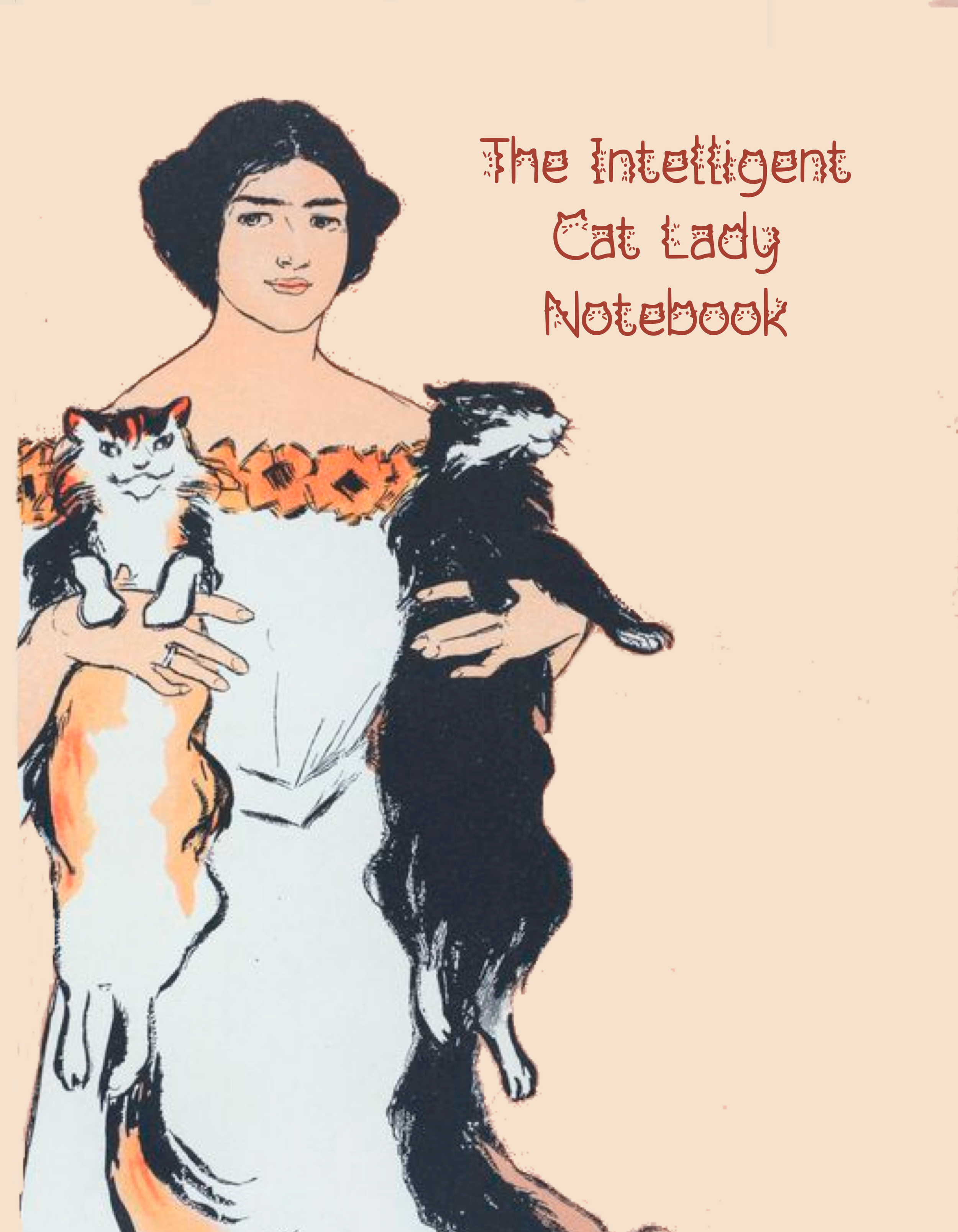 Vintage-inspired cat lady notebook cover featuring a woman holding two cats in a playful retro illustration style.