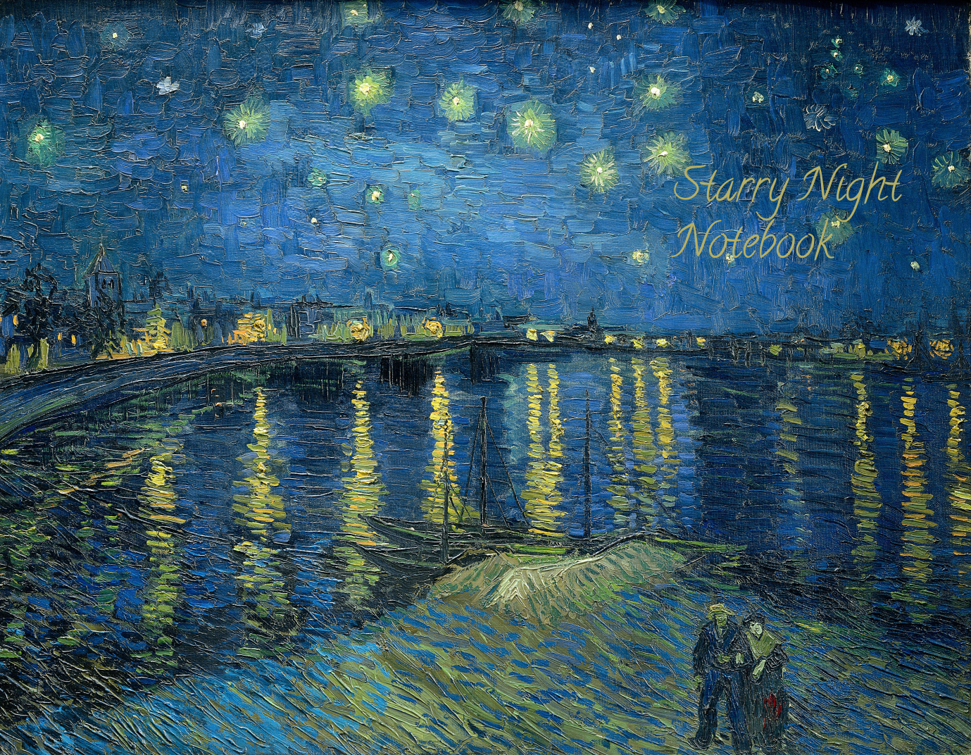 Notebook featuring Starry Night by Vincent van Gogh, a Post-Impressionist night landscape with glowing stars, shimmering reflections on water, and expressive swirling blue brushstrokes.