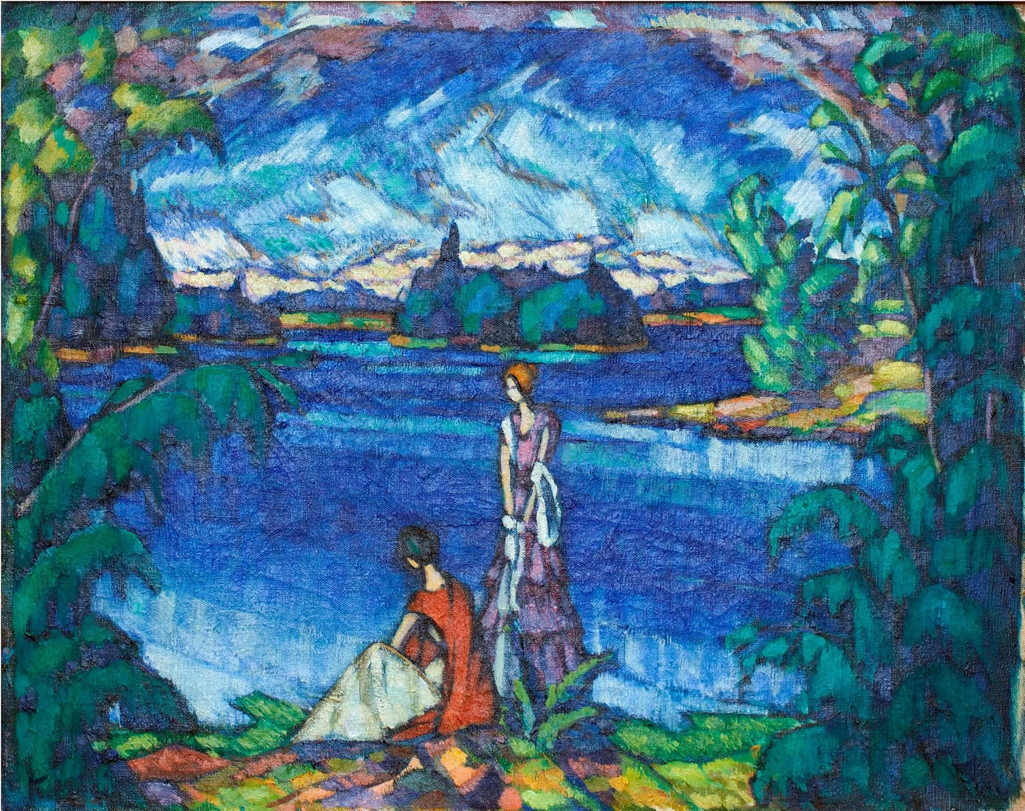 Notebook featuring Pühajärve Landscape by Konrad Mägi, an Estonian Expressionist painting of two women beside a vivid blue lake surrounded by colorful trees and dramatic skies.