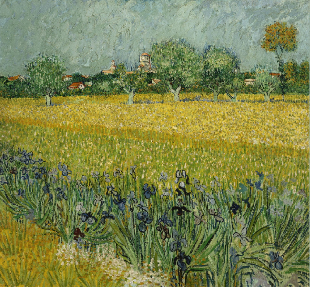Notebook featuring View of Arles With Irises by Vincent van Gogh, a Post-Impressionist landscape painting of blooming irises and golden fields near Arles, France.