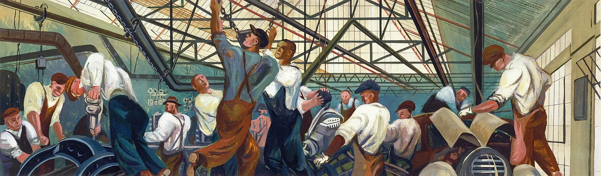 WPA-style American industrial artwork featuring factory workers assembling automobiles, displayed as part of Mischievous Mutt Publishing’s art-themed notebook collection.