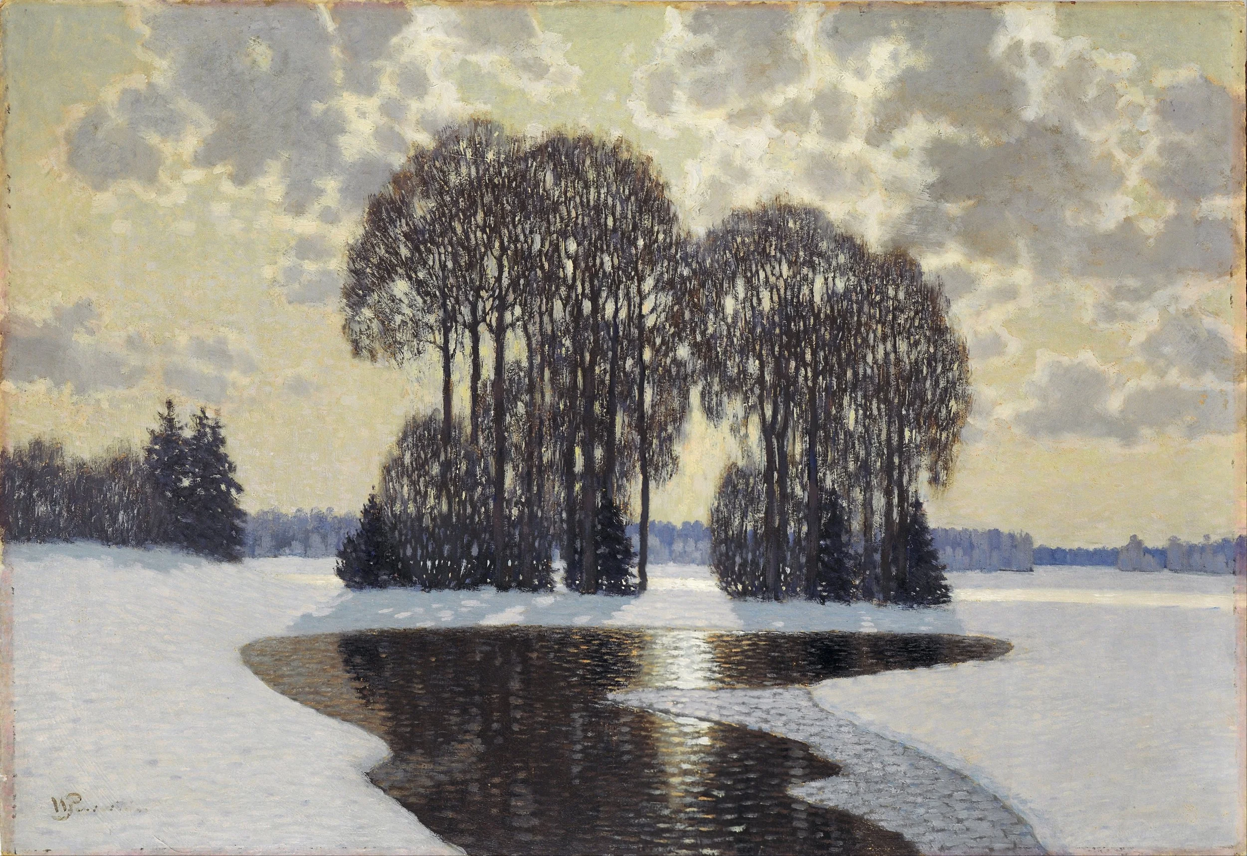 Notebook featuring Winter by Vilhelms Purvītis, a Latvian Symbolist landscape painting of snowy islands and bare winter trees reflected in icy water beneath a glowing cloudy sky.