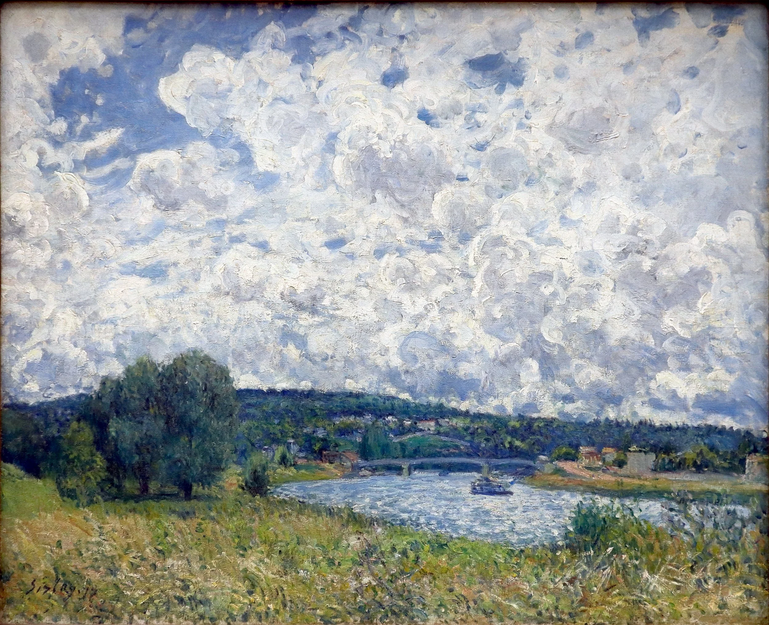Notebook featuring The Seine at Suresnes by Alfred Sisley, an Impressionist river landscape painting with dramatic clouds, flowing water, and soft countryside scenery near Paris.