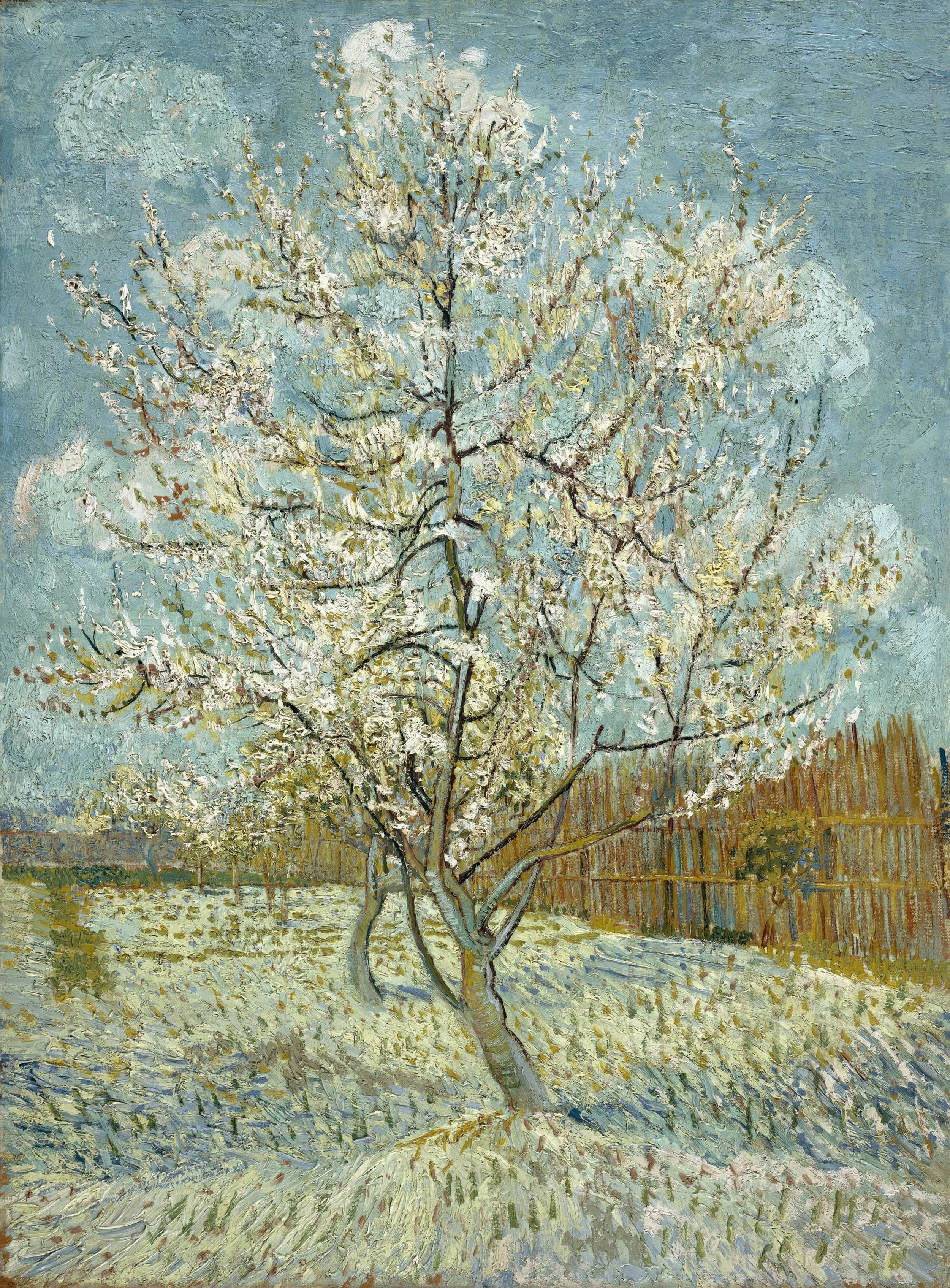 Notebook featuring Peach Tree in Blossom by Vincent van Gogh, a Post-Impressionist painting of a blooming peach tree with delicate white blossoms against a soft blue sky.