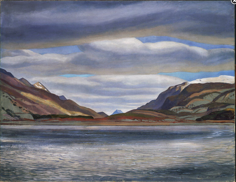 Notebook featuring Rockwell Kent’s Azopardo River landscape painting with calm blue water, distant mountains, and dramatic layered clouds stretching across the sky.
