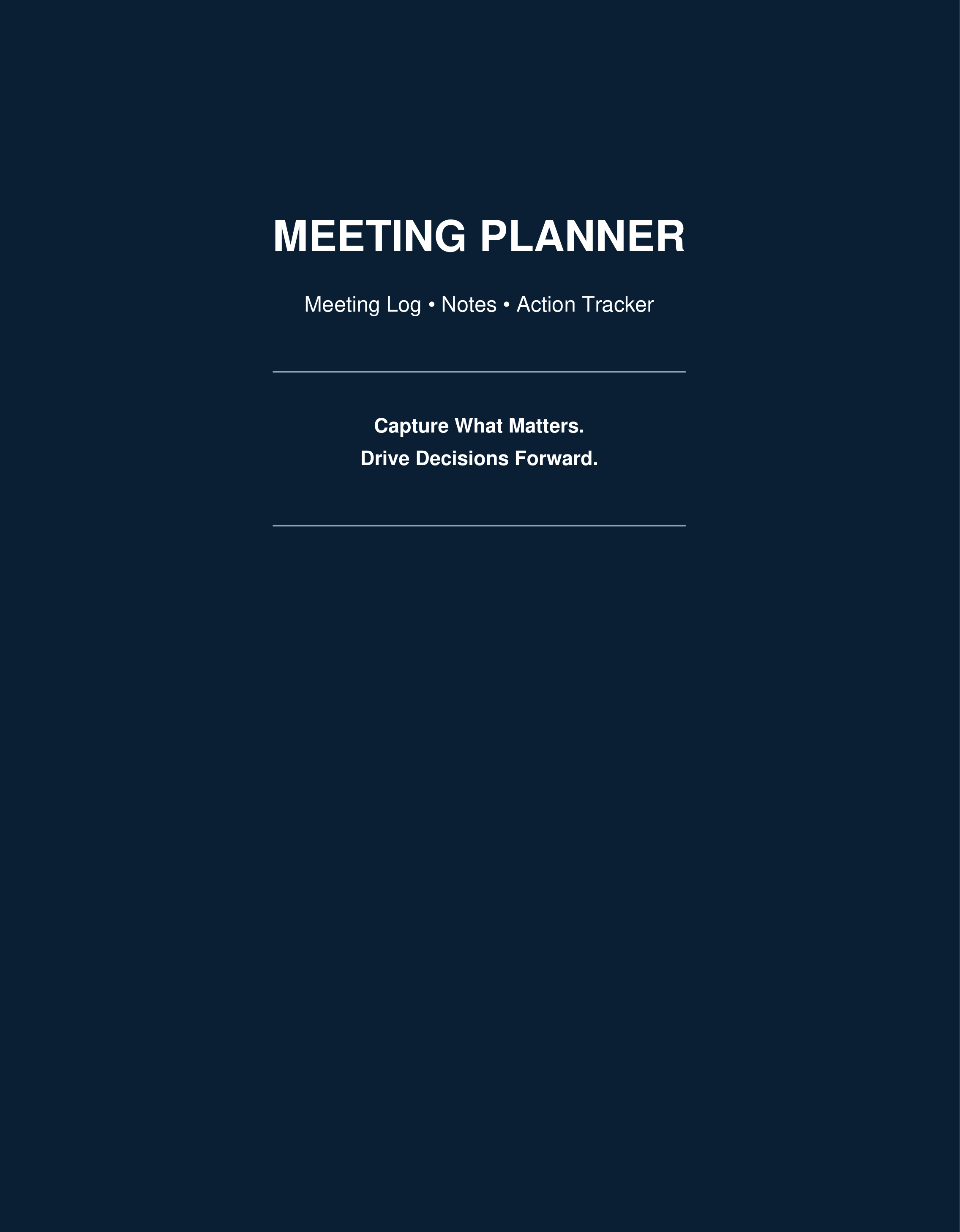 Meeting planner notebook cover with meeting logs, action tracking, project notes, and organizational tools designed to improve accountability, follow-through, and team coordination.