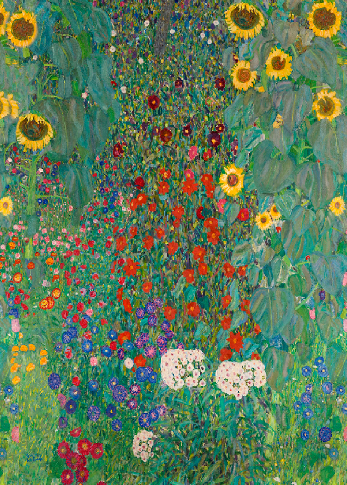 Notebook featuring a vibrant floral painting inspired by Gustav Klimt with sunflowers, wildflowers, and lush garden textures in rich green, yellow, and red tones.