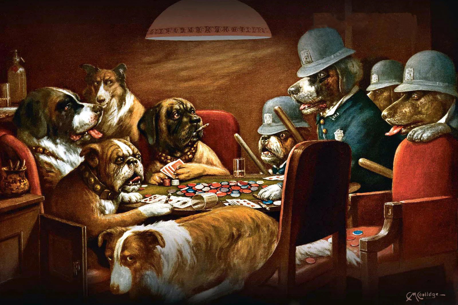 Pinched with Four Aces notebook featuring dogs playing poker in a humorous vintage-style artwork inspired by classic American pop culture art.