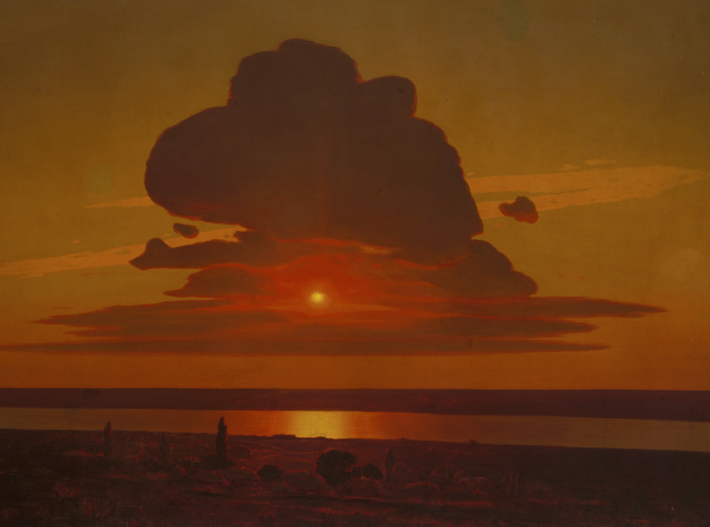 Notebook featuring Red Sunset by Arkhip Kuindzhi, an Eastern European landscape painting of a glowing red sunset over calm water beneath dramatic dark clouds.