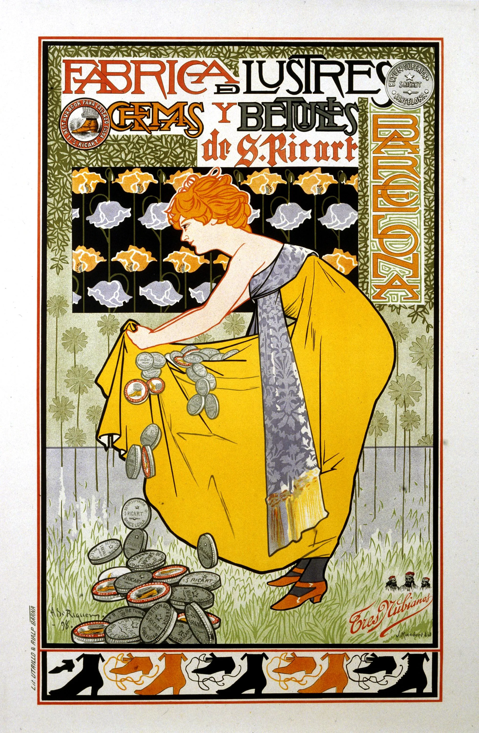 Notebook featuring a Barcelona Modernisme 1898 Art Nouveau poster by Alexandre de Riquer with an elegant woman in flowing yellow garments surrounded by decorative floral and geometric details.
