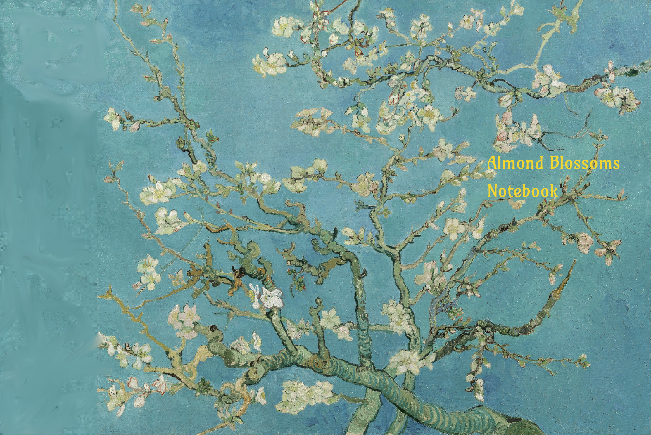 Notebook featuring Almond Blossoms by Vincent van Gogh, a Post-Impressionist painting of delicate white almond blossoms against a bright blue sky.