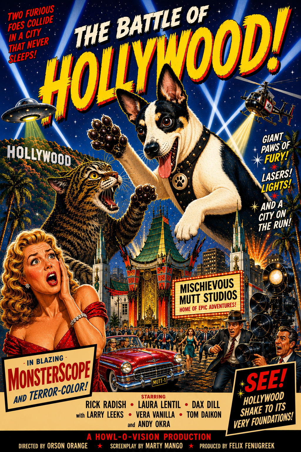 Vintage monster movie parody notebook cover featuring Lala battling Monster Cat in chaotic Hollywood with retro sci-fi poster styling, giant creatures, lasers, and classic B-movie drama.