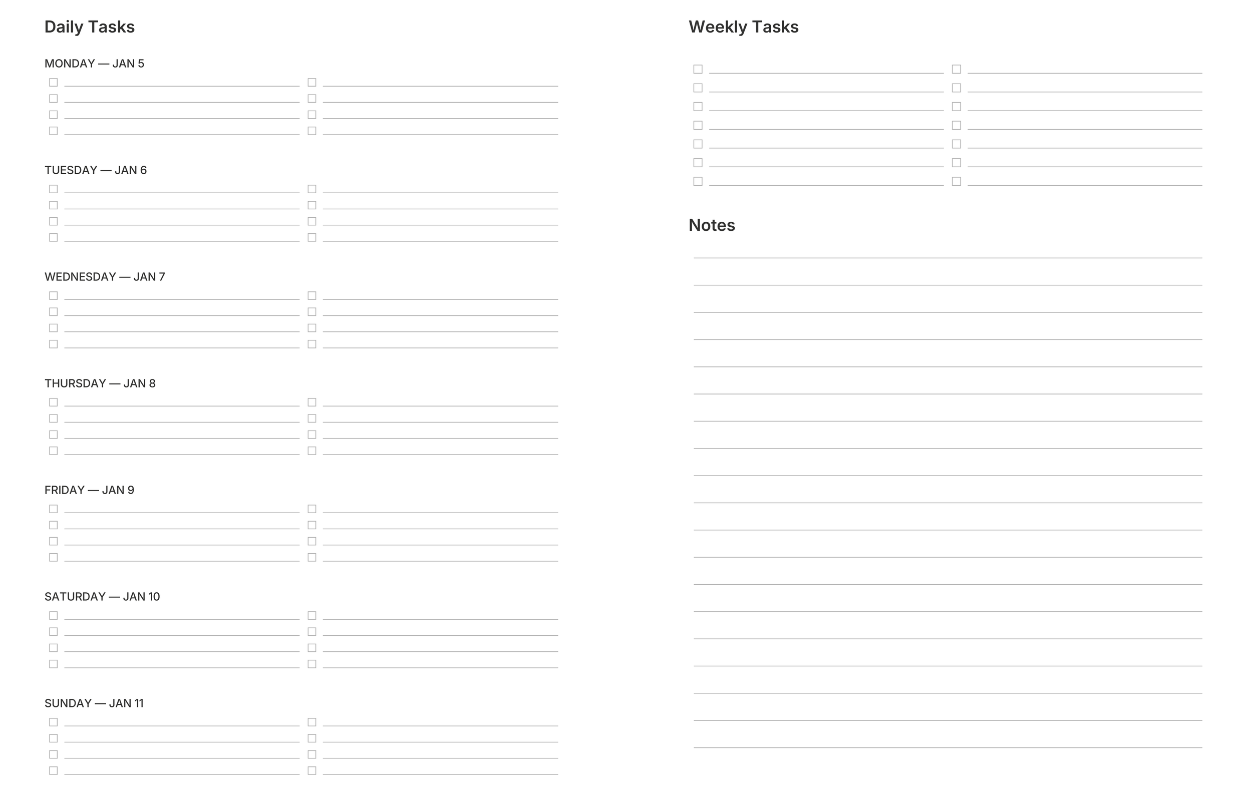 Daily and weekly task planning spread from the 2026 Personal Execution Planner designed for prioritization, organization, and weekly follow-through.