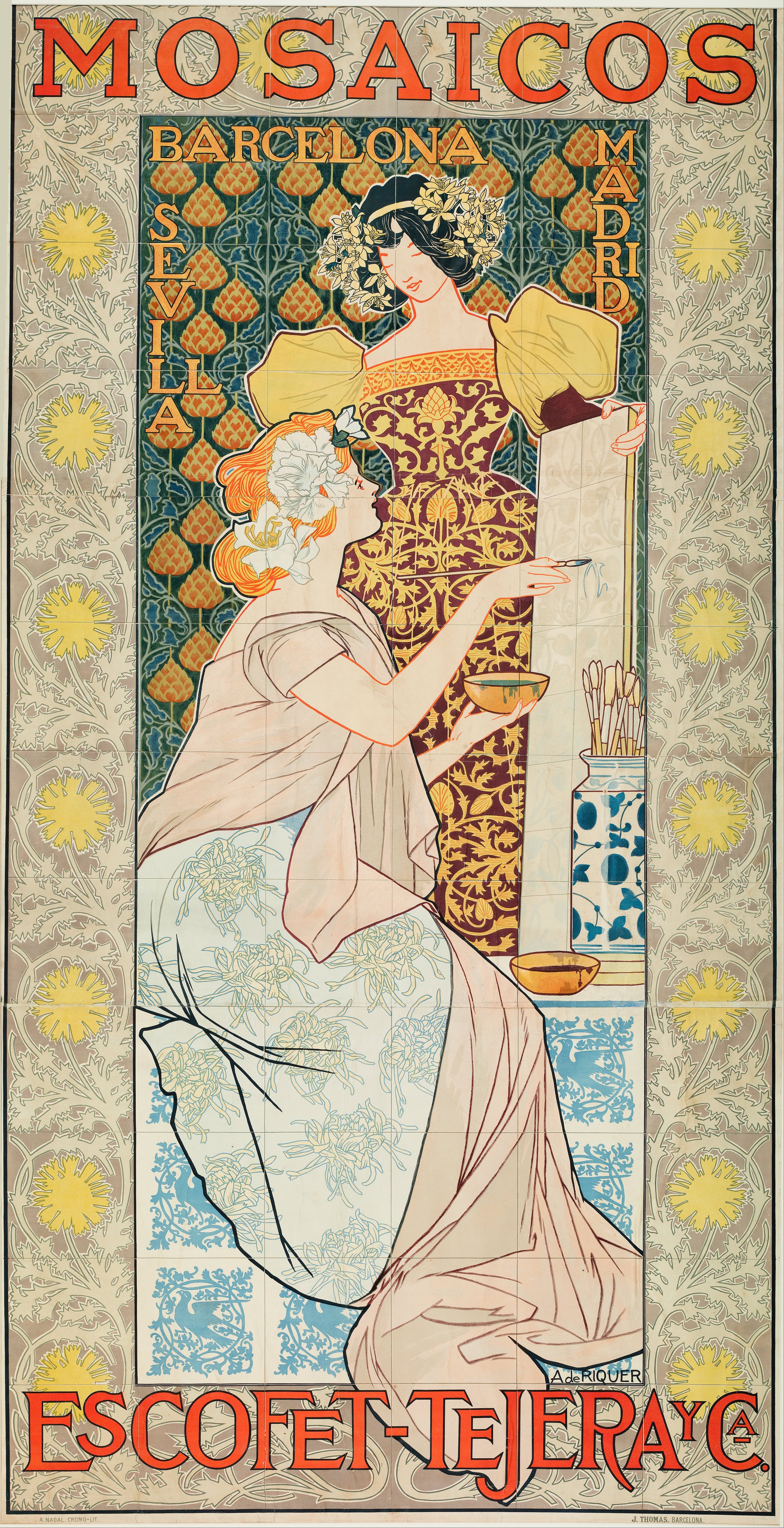 Notebook featuring the Mosaicos Barcelona 1900 Art Nouveau poster by Alexandre de Riquer with an elegant decorative female figure framed by ornate mosaic-inspired patterns and floral details.