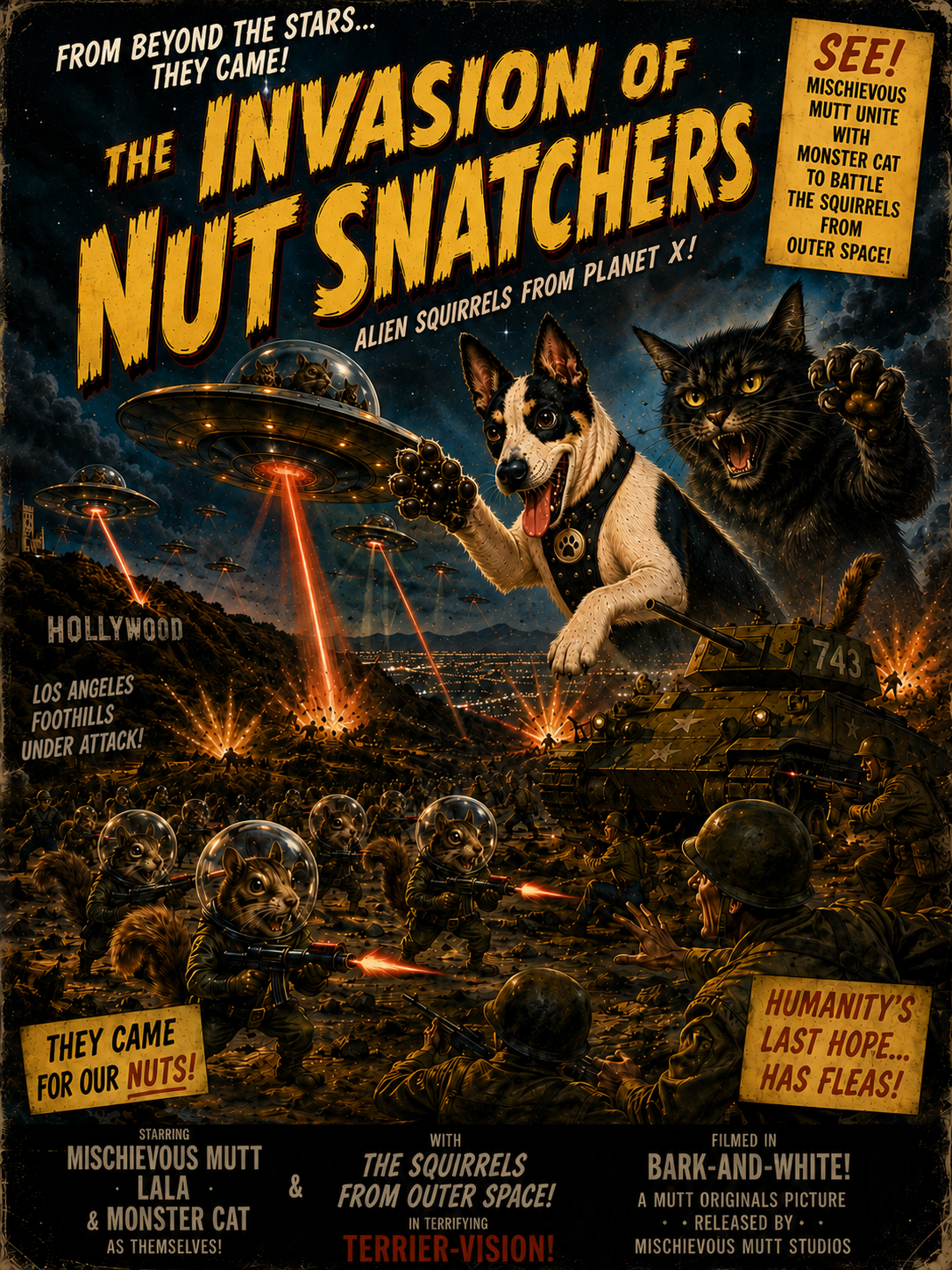 Retro grindhouse-style parody notebook cover featuring Lala the mischievous dog battling Monster Cat in a chaotic invasion scene inspired by vintage monster movie posters.