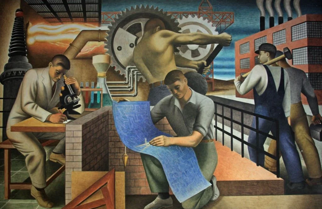 The Wealth of a Nation notebook featuring WPA-era American industrial artwork celebrating labor, manufacturing, engineering, and economic progress.