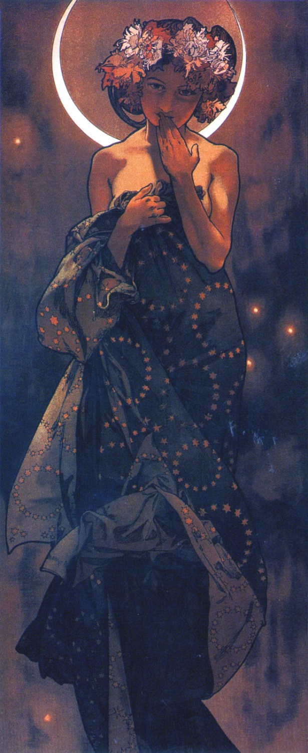 Notebook featuring an Art Nouveau fantasy illustration of a mysterious woman beneath a glowing evening star with flowing dark robes and celestial colors.