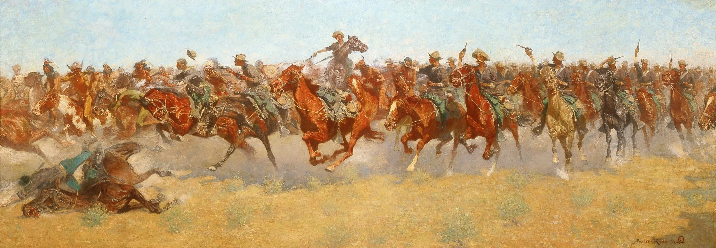 Notebook featuring a Frederic Remington western painting of charging horseback riders racing across the frontier in a dusty action scene under bright sunlight.