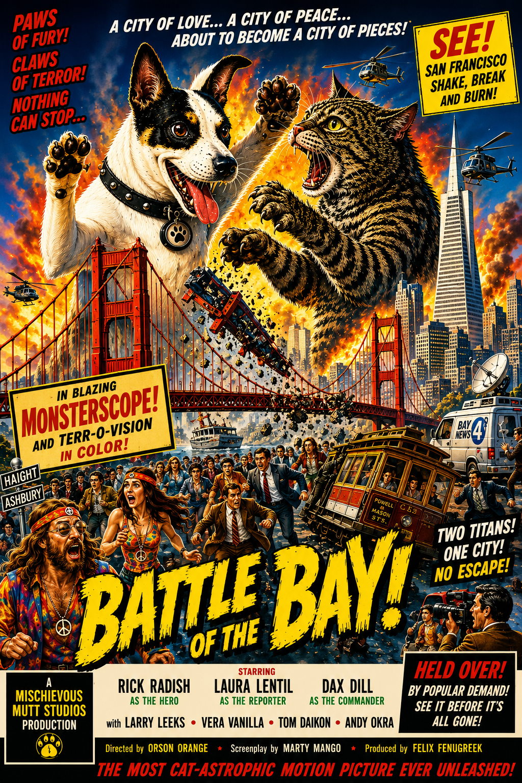 Retro monster movie parody notebook cover featuring a giant dog and giant cat battling in San Francisco near the Golden Gate Bridge in vintage sci-fi poster style.