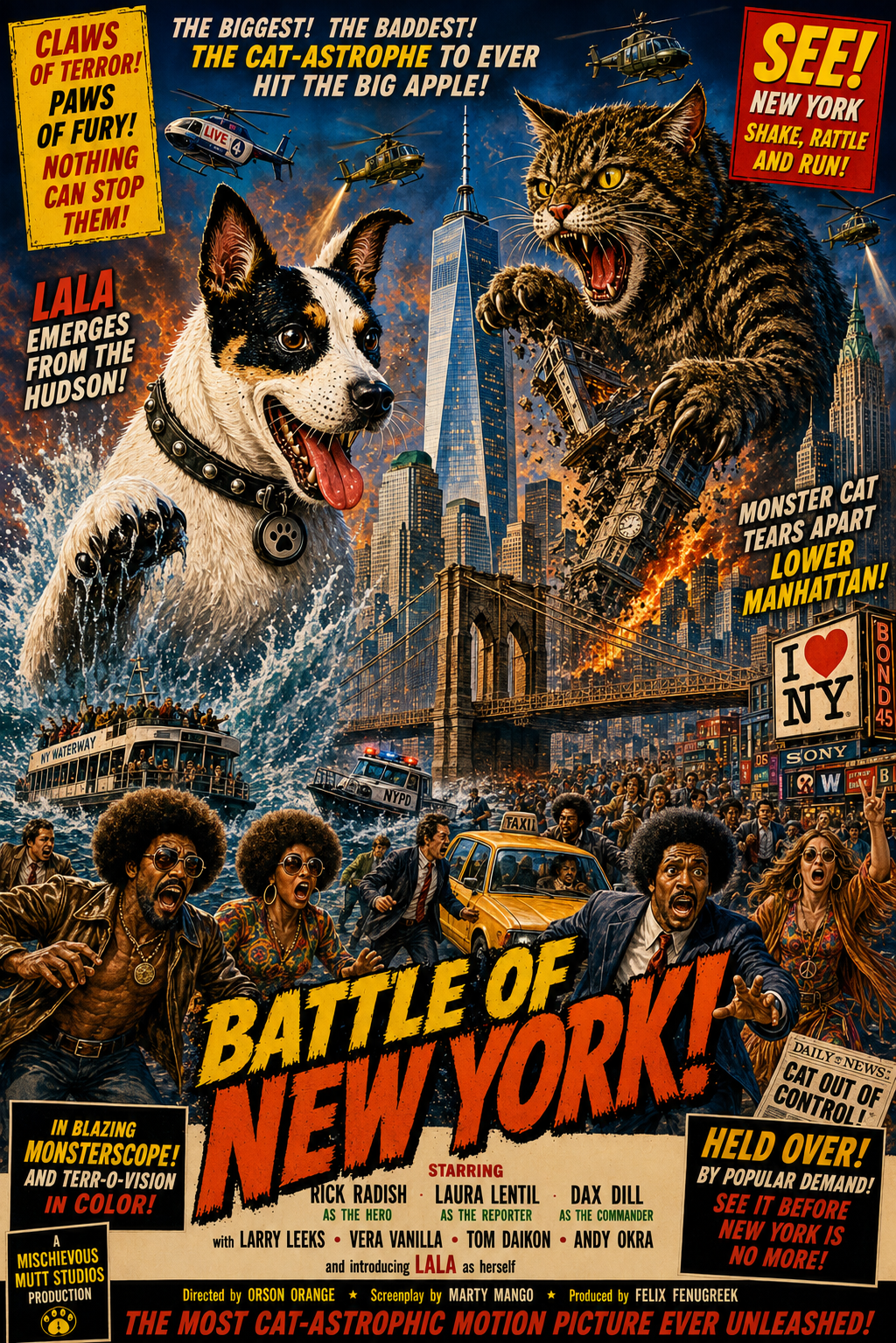 Retro monster movie parody notebook cover featuring a giant dog and giant cat battling in New York City near the Brooklyn Bridge and skyscrapers in vintage sci-fi poster style.
