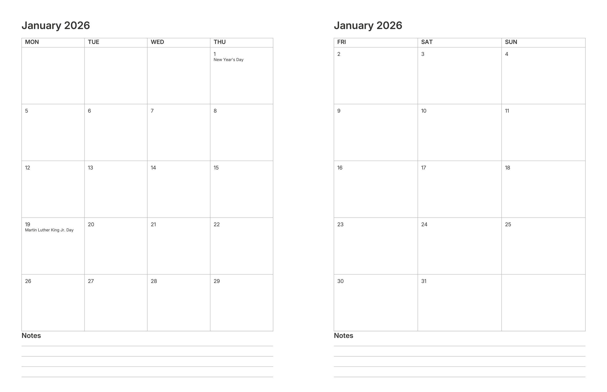 Monthly calendar spread from the 2026 Personal Execution Planner featuring clean productivity focused monthly planning pages.