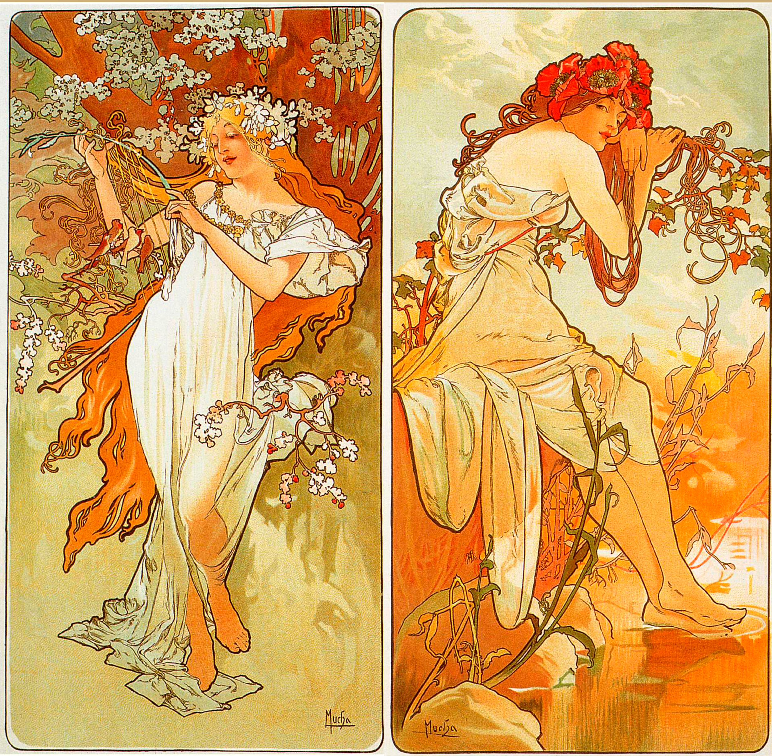 Seasons notebook featuring Art Nouveau artwork by Alphonse Mucha with flowing lines, floral design, and elegant decorative illustration.