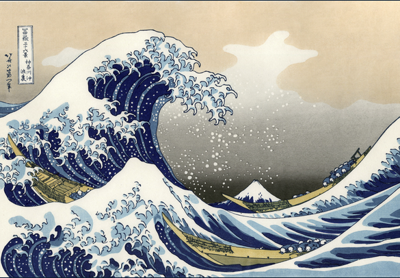 The Great Wave off Kanagawa notebook featuring iconic Japanese woodblock artwork by Hokusai with dramatic ocean waves and Mount Fuji.