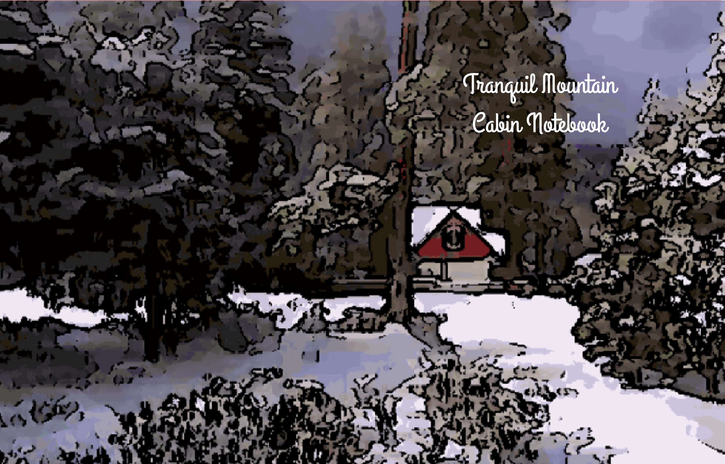Winter mountain cabin notebook featuring a tranquil snowy forest landscape with rustic cabin artwork.