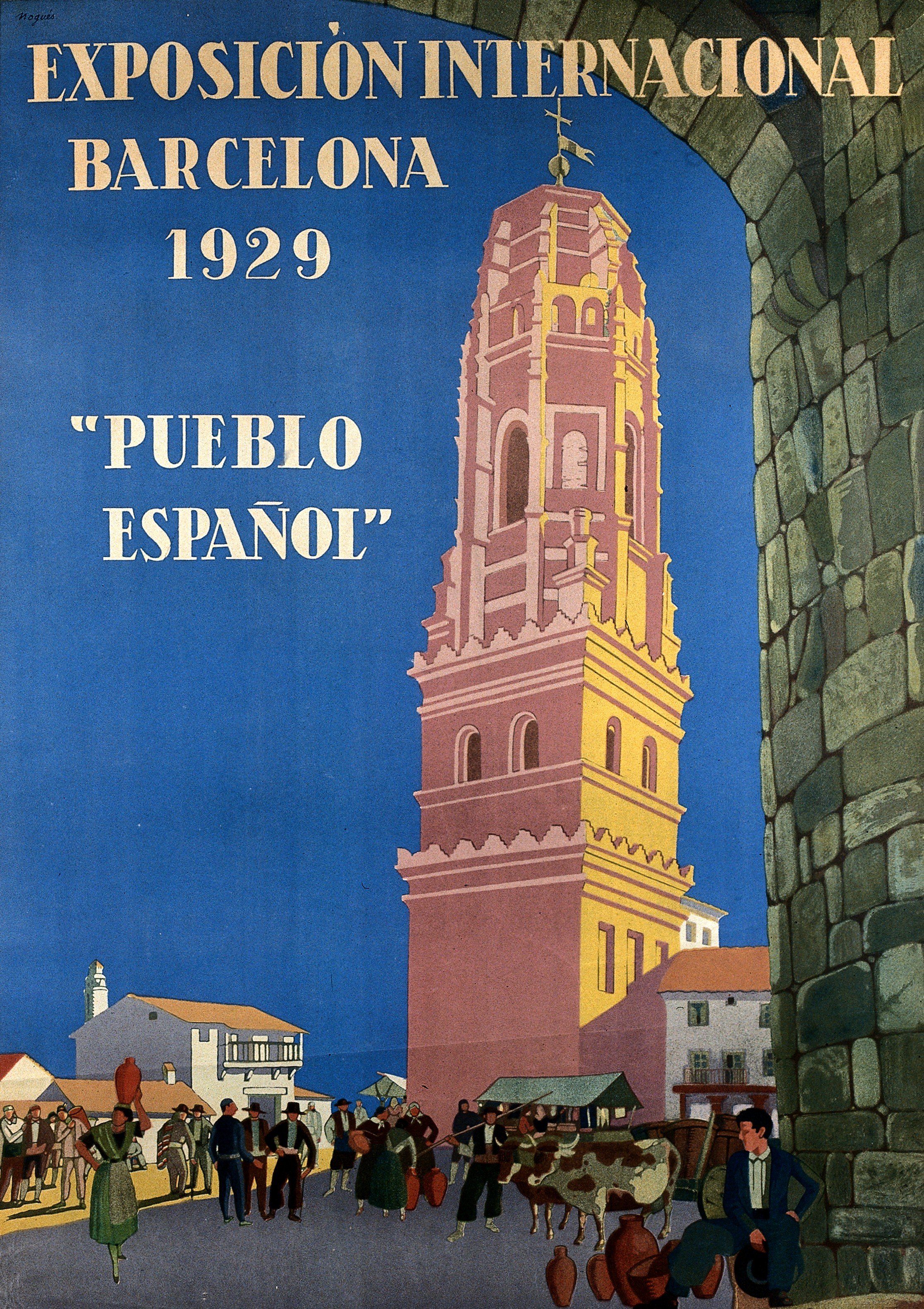Notebook featuring a vintage 1929 Barcelona International Exhibition poster with a towering architectural landmark, Spanish street scene, and classic Art Nouveau design elements.