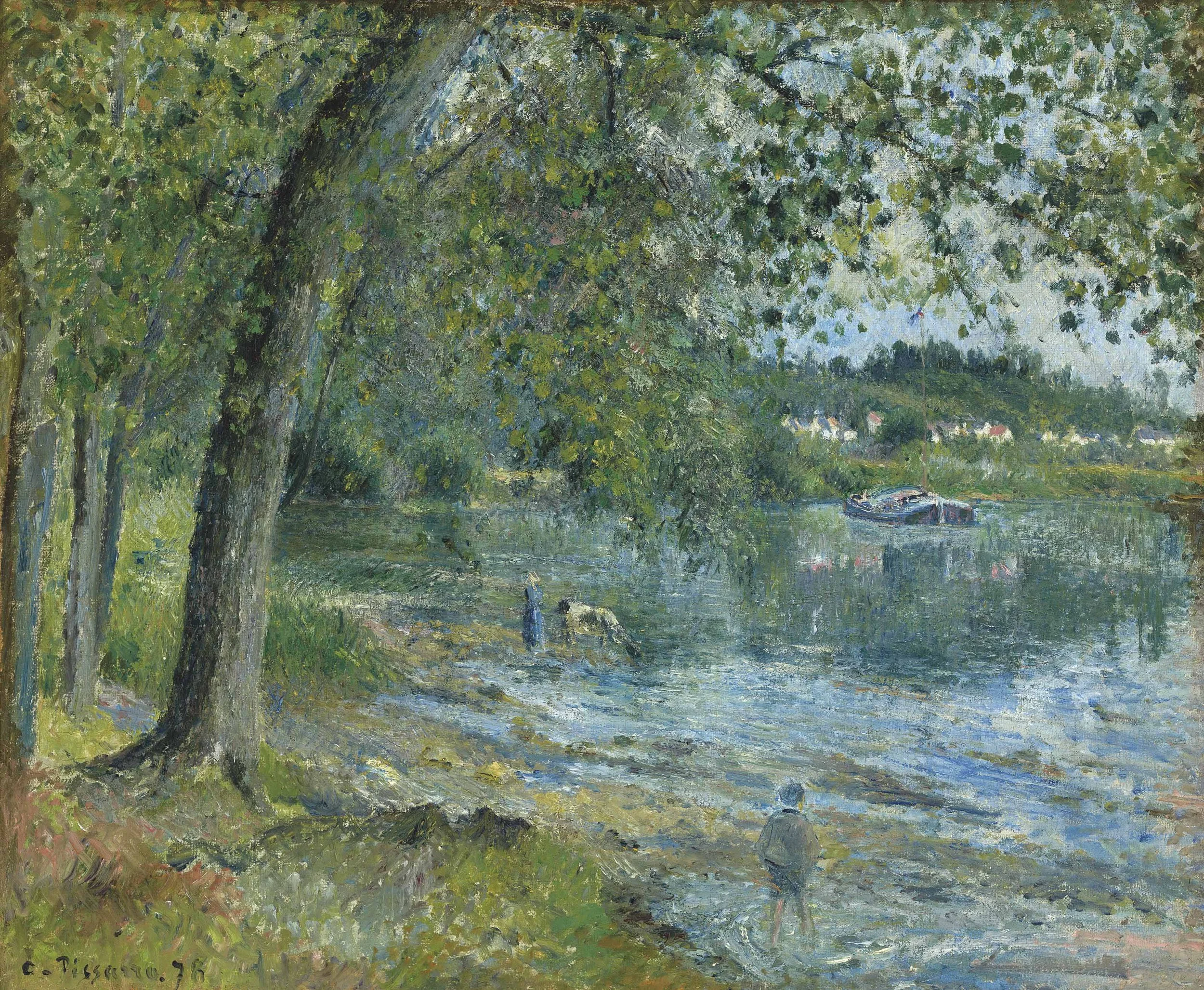 Notebook featuring Banks of the Oise by Camille Pissarro, an Impressionist riverside landscape with leafy trees, shimmering water, and peaceful countryside scenery rendered in soft textured brushstrokes.