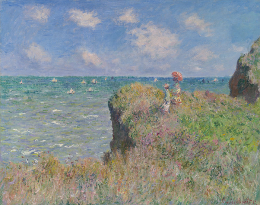 Notebook featuring Cliff Walk at Pourville by Claude Monet, an Impressionist coastal landscape with seaside cliffs, ocean waves, wild grasses, and soft pastel brushstrokes.