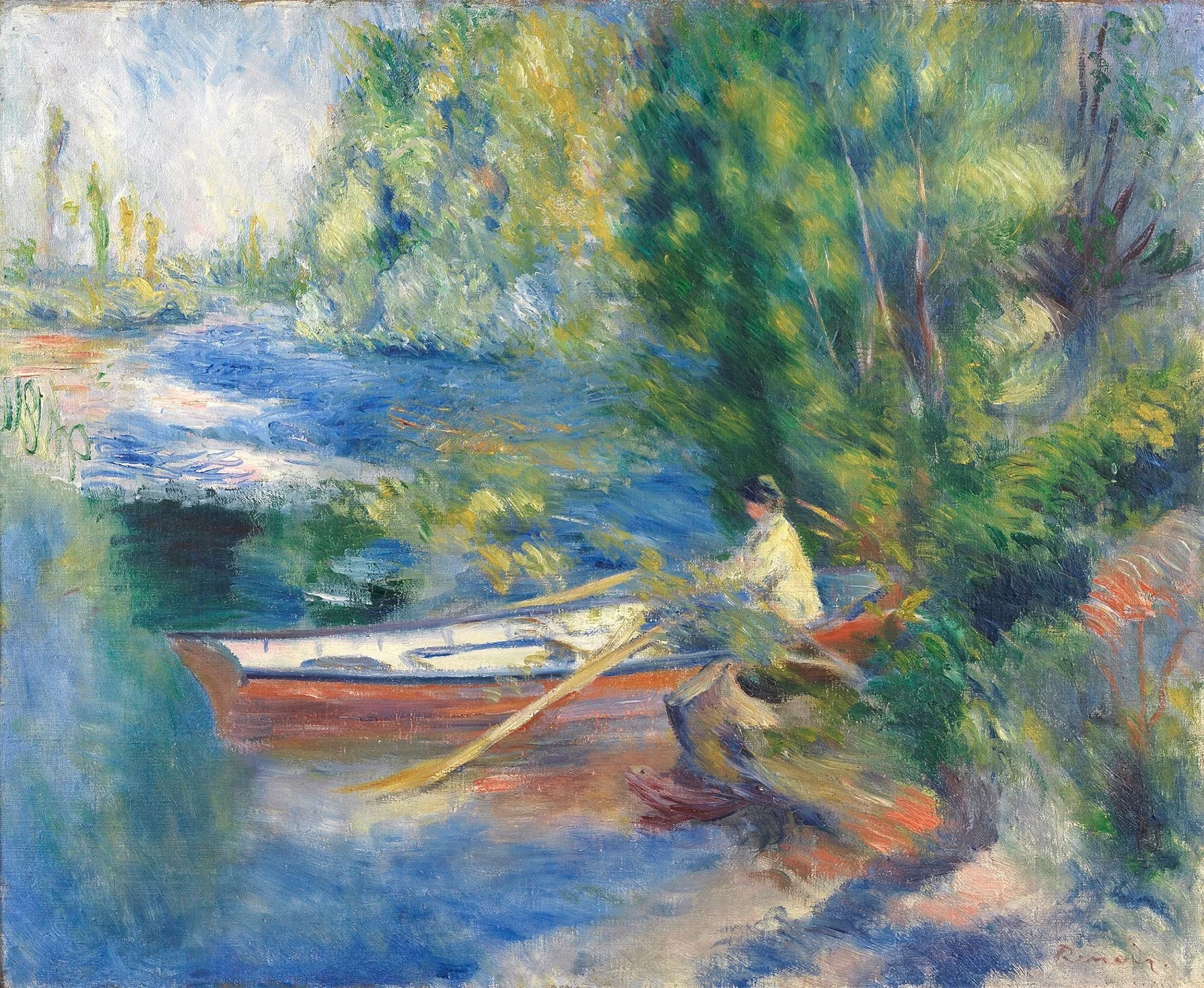 Notebook featuring At the Water’s Edge by Pierre-Auguste Renoir, an Impressionist riverside scene with boats, shimmering water, lush greenery, and soft luminous brushwork.