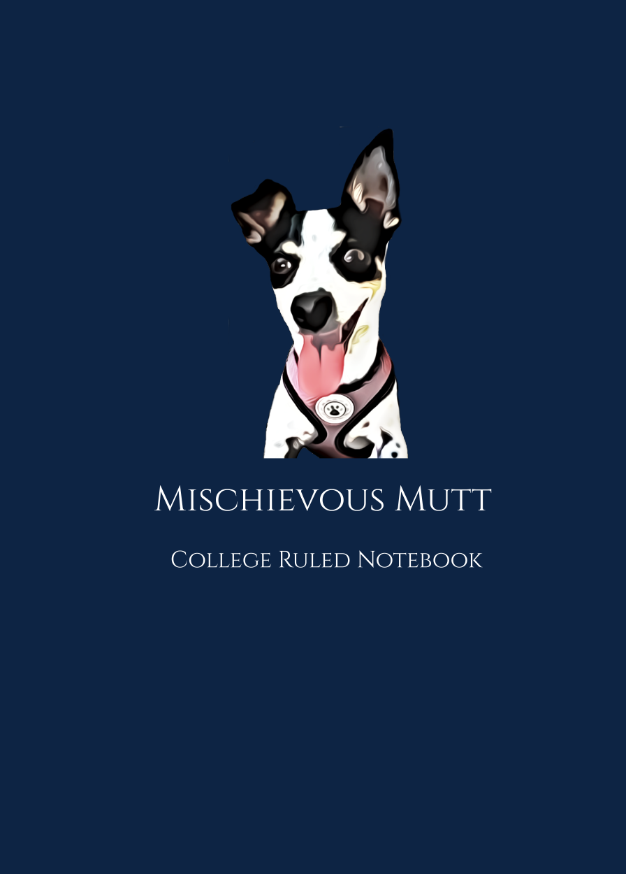 Large 8.5 x 11 college ruled notebook with Mischievous Mutt dog mascot on a dark blue minimalist cover design.