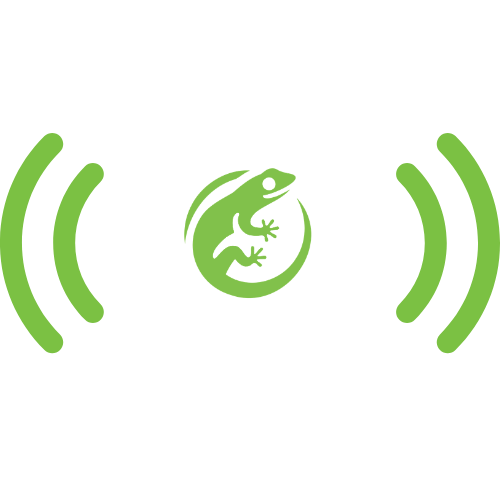 Icon of a smartphone with a lizard inside the screen and green signal waves on either side.