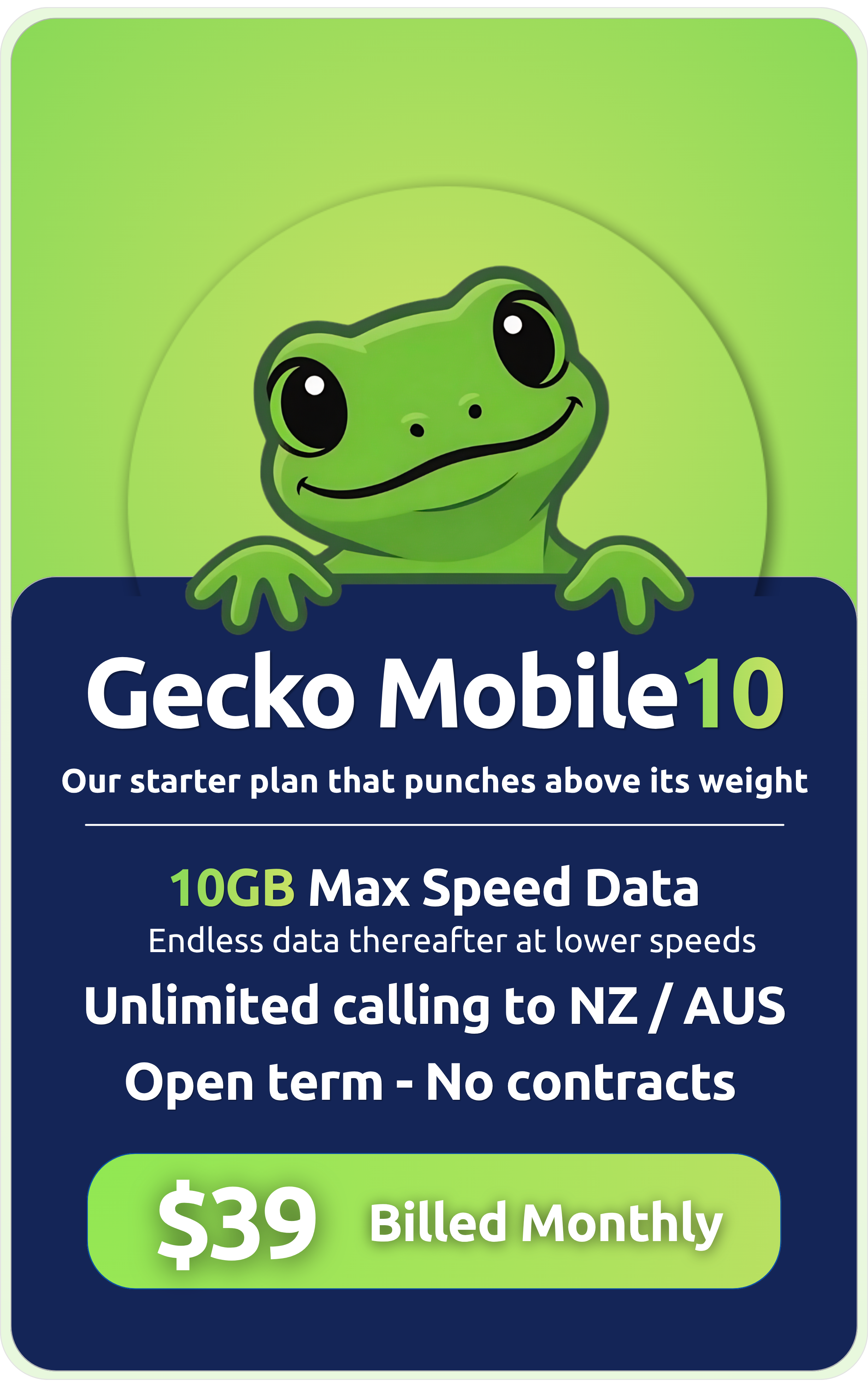 Gecko Mobile10 plan — 10GB data, $39 per month