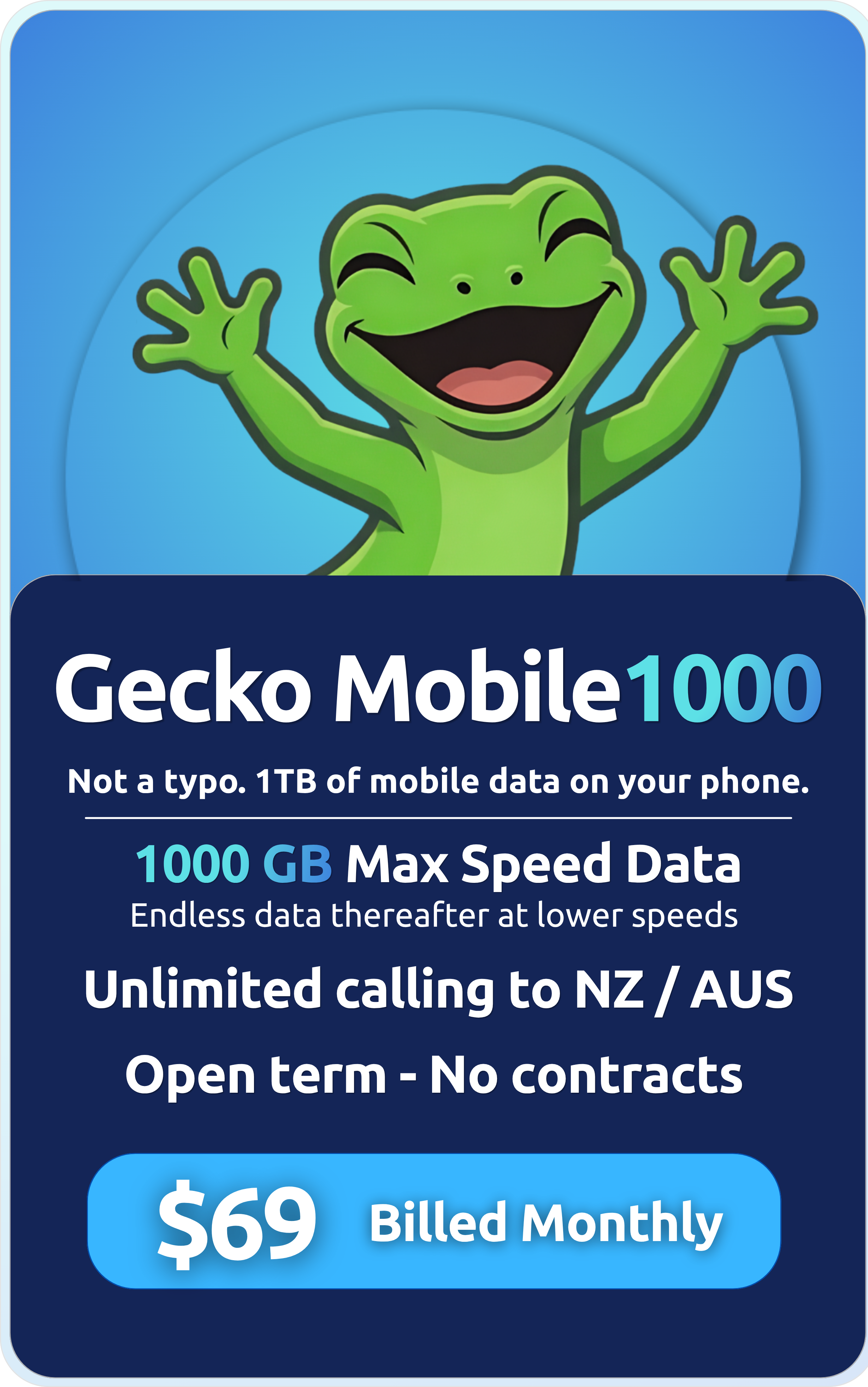 Gecko Mobile1000 plan — 1000GB data, $69 per month