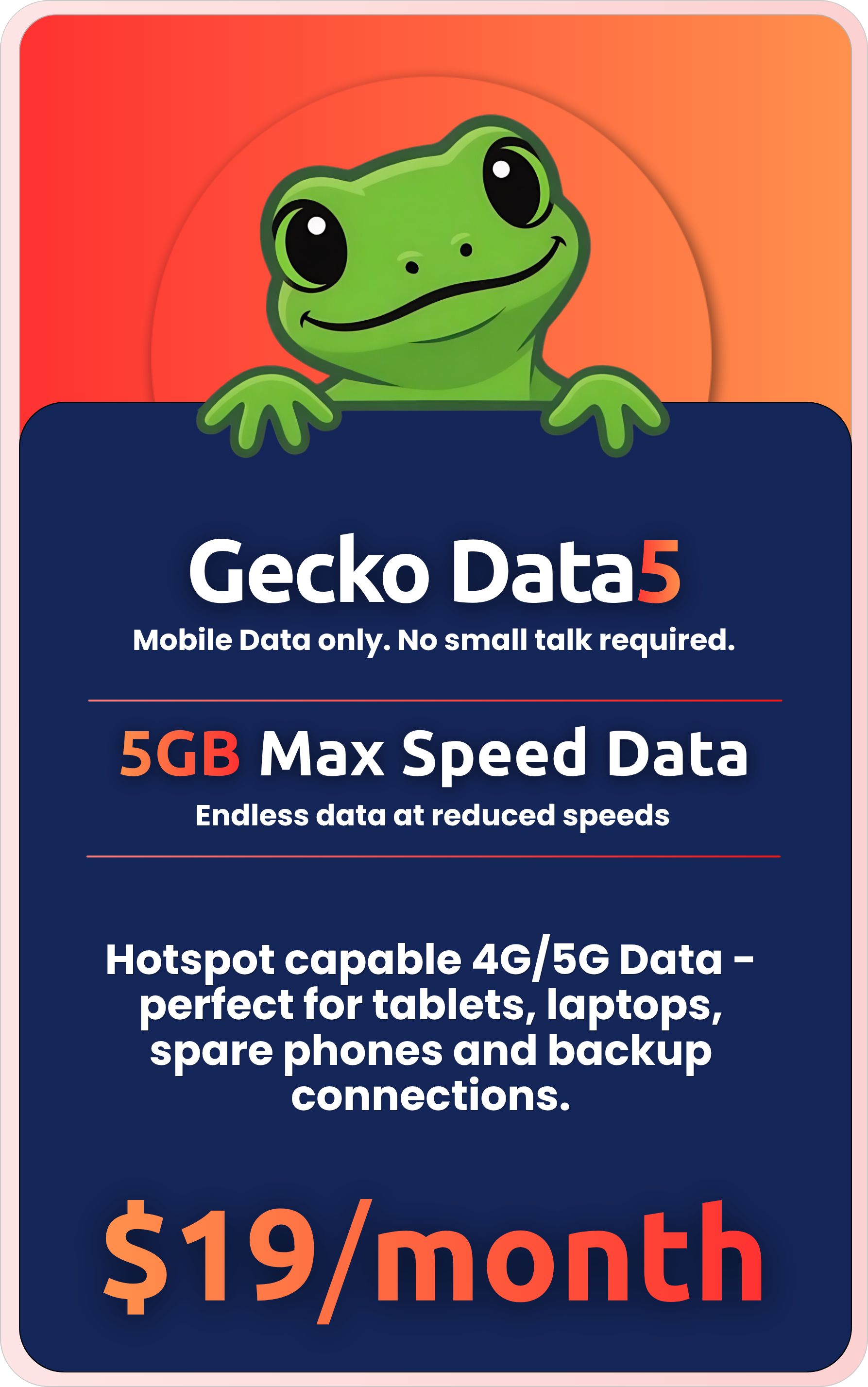A mobile advertisement for Gecko Data5, a mobile data plan. The image features a cartoon gecko with large black eyes and a smiling expression, emerging from behind a dark blue rectangle with promotional text. The background has an orange and red gradient, and the text highlights a 5GB data plan at $19 per month, supporting 4G/5G hotspot capabilities suitable for tablets, laptops, and backup connections.