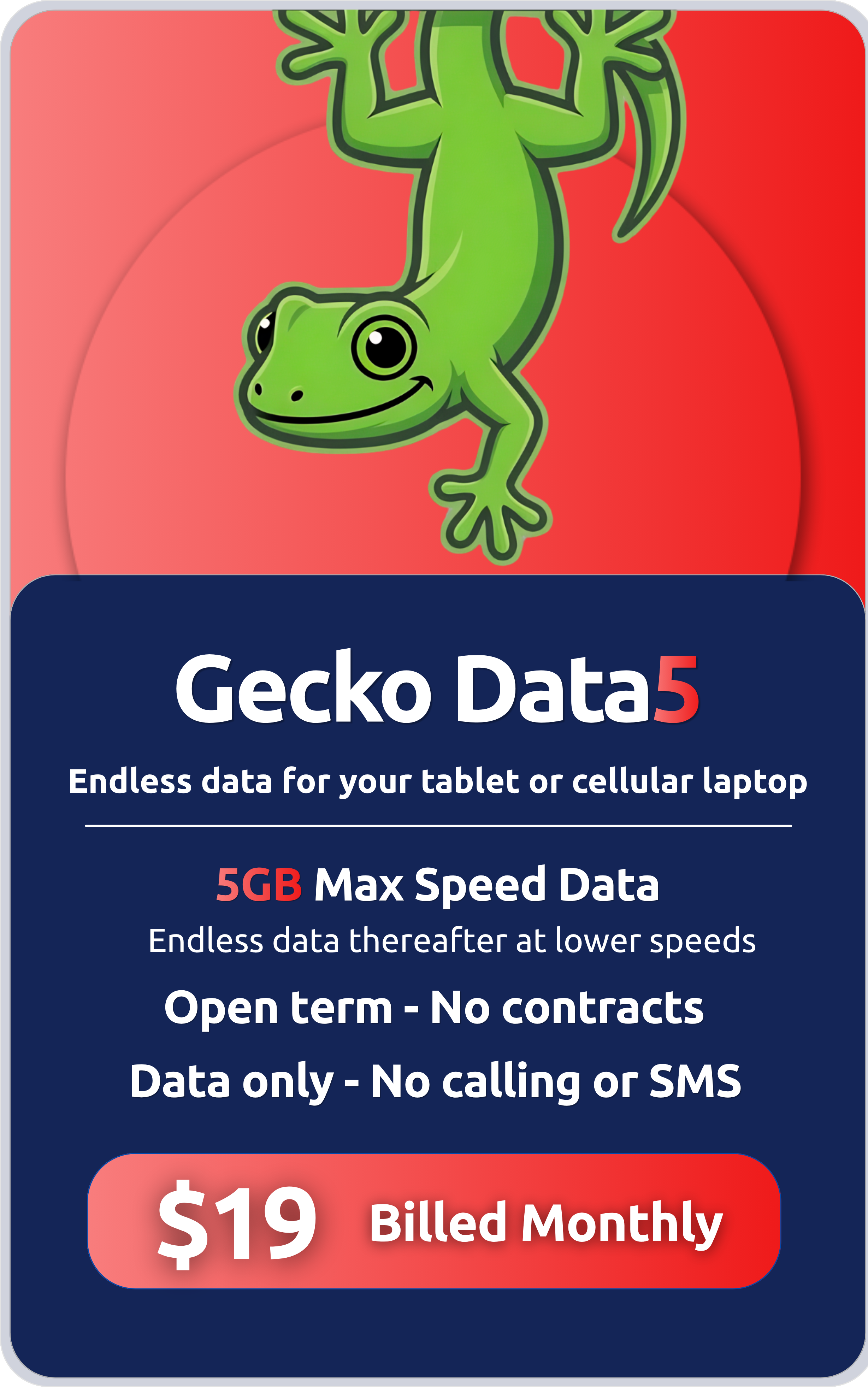 Gecko Data5 plan — 5GB data, $19 per month