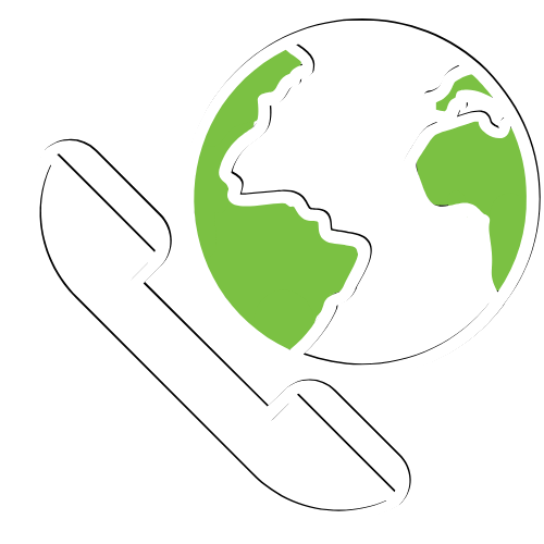 Line drawing of a phone receiver with a globe depicting Earth behind it, colored in green and black.