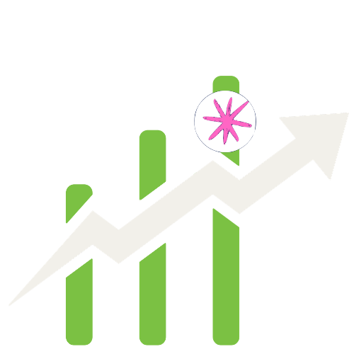 Bar and line graph with green bars and a white upward arrow indicating growth or progress.