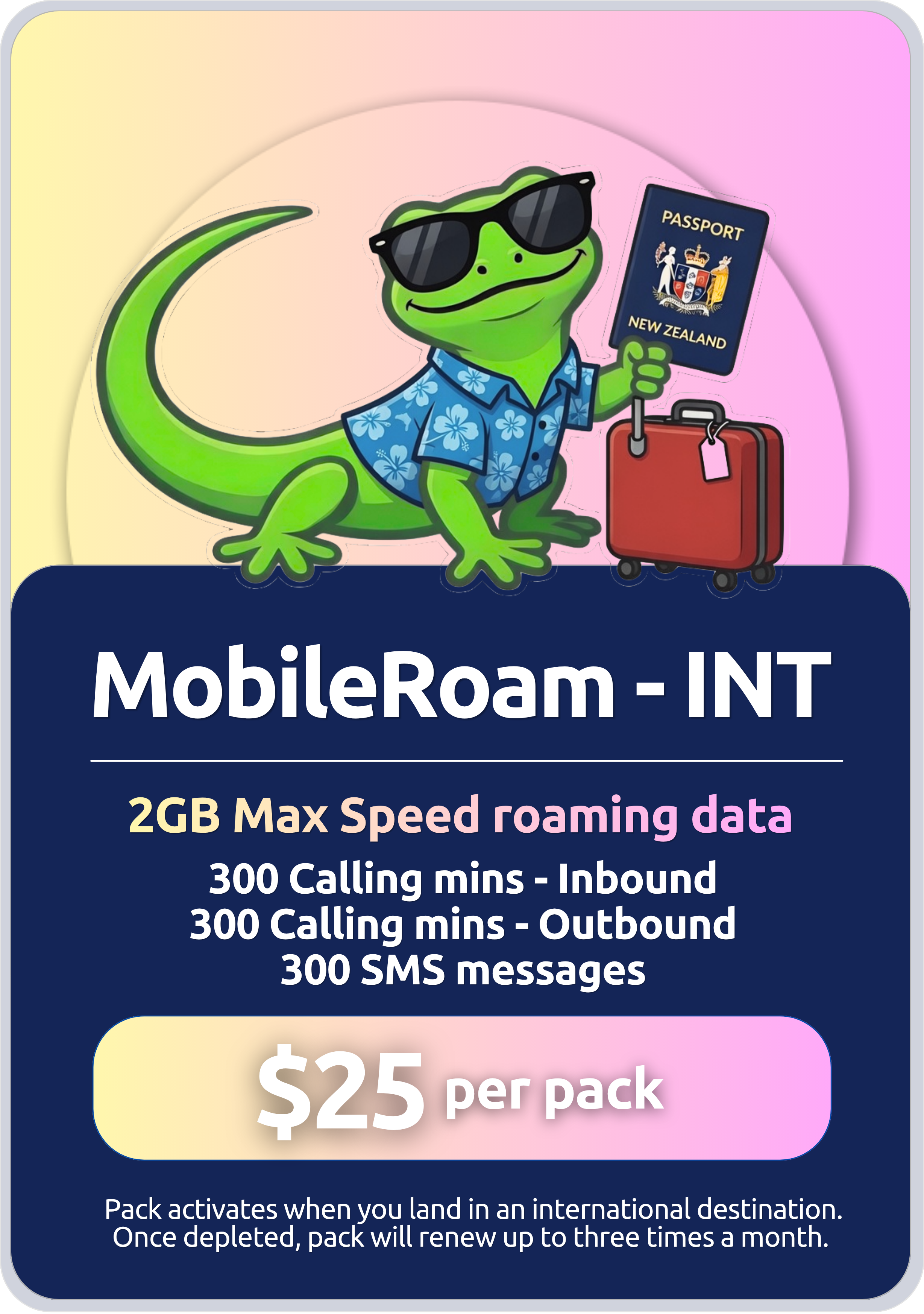 MobileRoam - INT pack. $25 per pack.